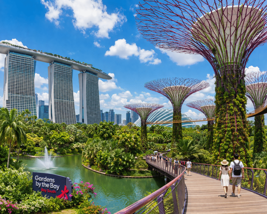 gardens by the bay in singaporre during summer with supertrees and marina bay sands